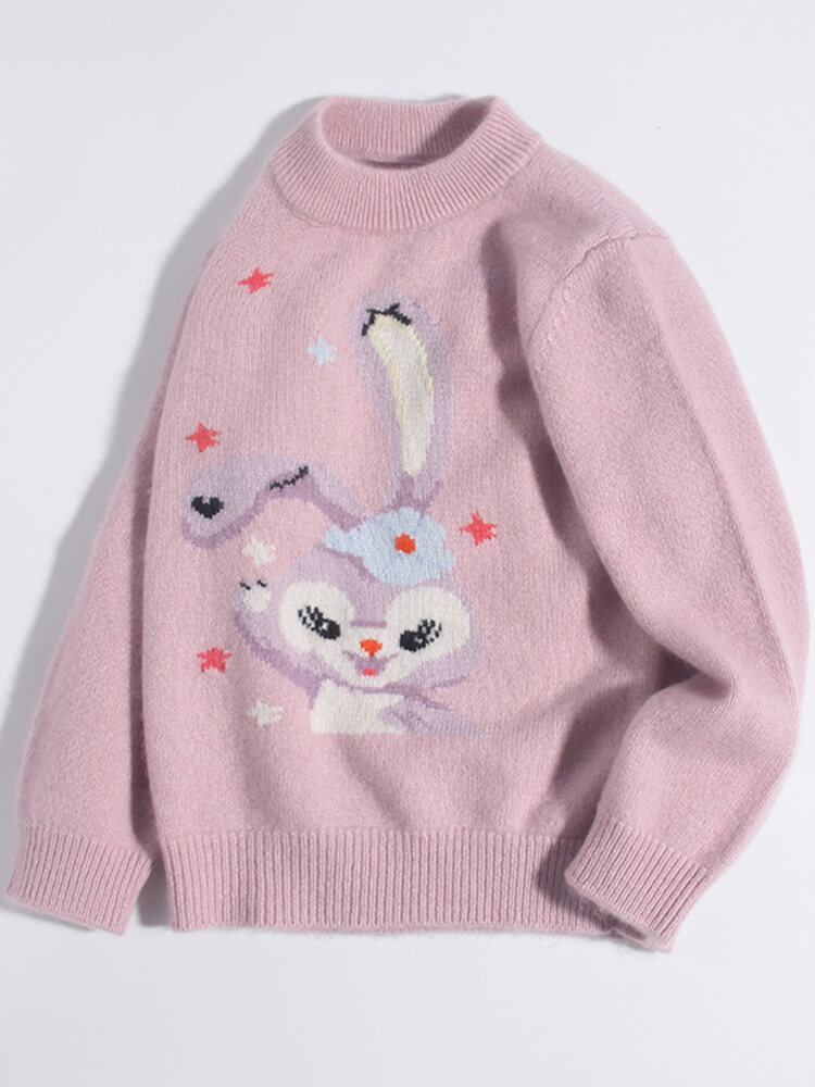 (image for) Pink Bunny and Star Pattern Girls Cashmere Crewneck Sweater